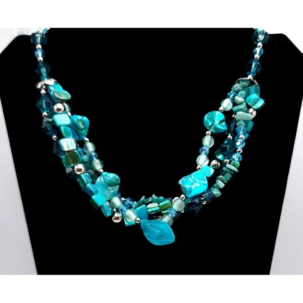 Victoria Leland Teal Beaded Necklace Earring Set Boho 18in - Picture 3 of 5